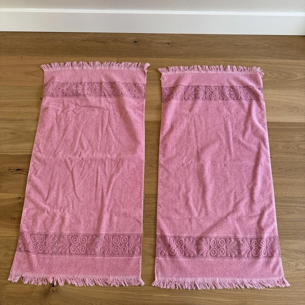 Vintage Cannon Monticello Santa Cruz Bath Towels Fringed Mauve Rose Pink Lot 2